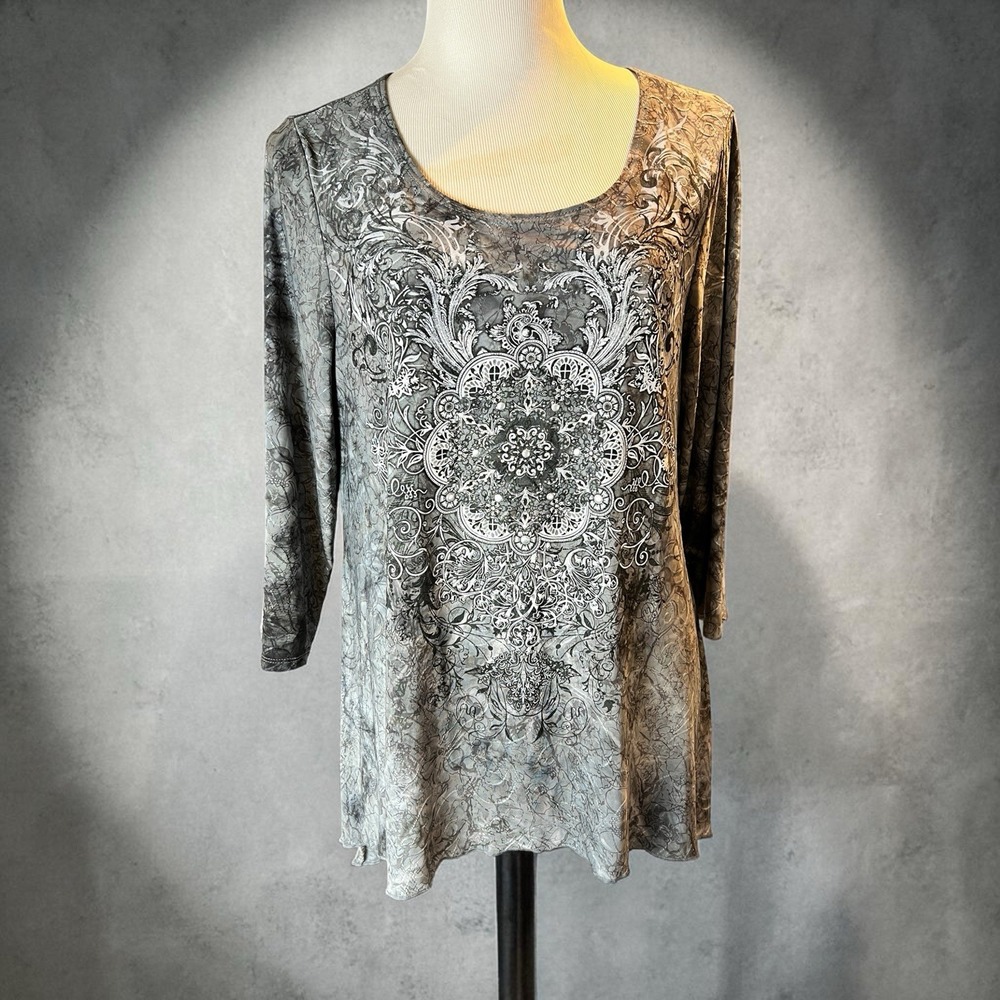 DB Filigree Jeweled Blouse Womens Size XL Grey Tunic EUC